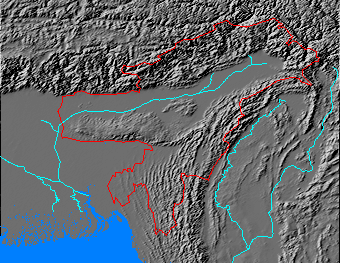 Digital relief map of Assam region of India
