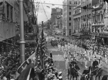 Photograph of American sailors parading in Brisbane