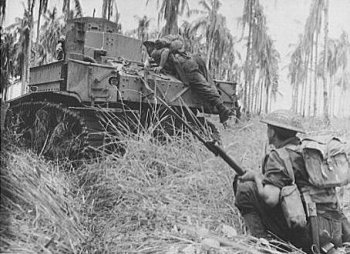 Photograph of Stuiart tank and Australian infantry at Buna