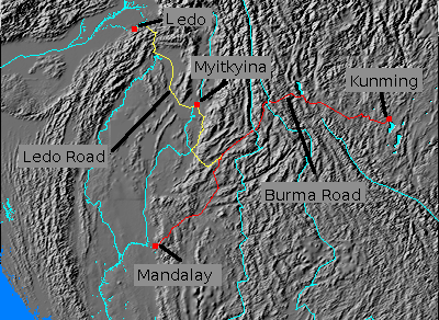 Digital relief map of Burma Road