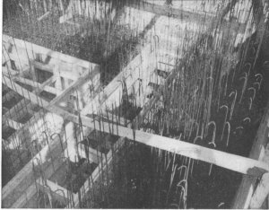 Photograph of forms and reinforcing rods ready for concrete to be poured