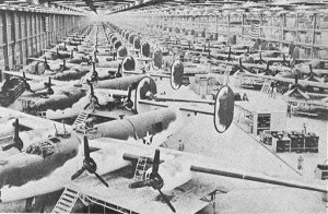 Photograph of B-24s on the Fort
        Worth assembly line of Consolidated Vultee