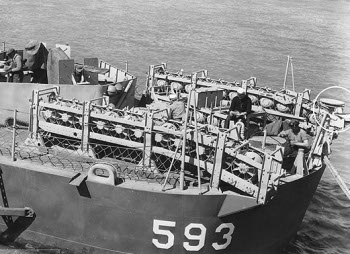 Photograph of depth charge racks on destroyer stern