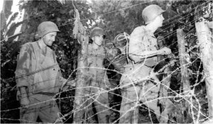 Photograph of ammunition carriers on a barbed wire
          secured lane