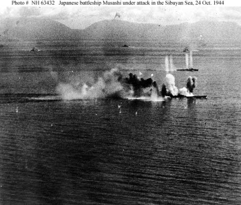 Photograph of Musashi under aerial attack