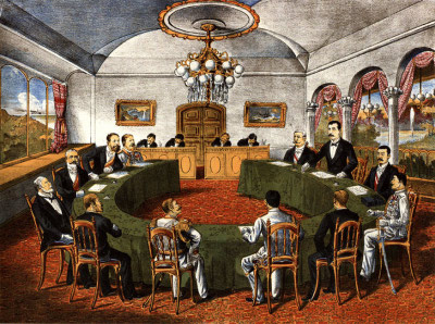 Lithograph of Peace negotiations between
        Russian and Japanese delegations at Portsmouth, 1905