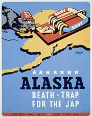 Poster for Thirteenth Naval
                District, United States Navy, showing a rat representing
                Japan, approaching a mousetrap labeled "Army Navy
                Civilian," on a background map of the state of
                Alaska.