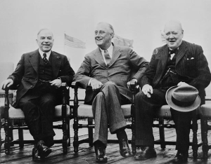 Photograph of King, Roosevelt, and Churchill at the QUADRANT conference