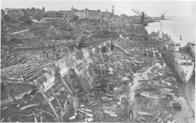 Photograph of bombed-out docks at Rangoon
