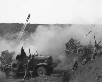 Photograph of Marine rocket jeeps on Iwo Jima