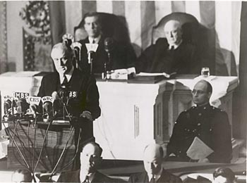 Photograph of President Franklin D. Roosevelt giving his "Day of Infamy" speech