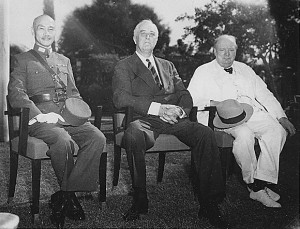 Photograph of Chiang, Roosevelt, and Churchill at the SEXTANT conference