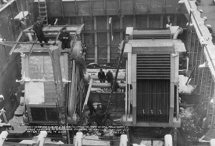 Machinery room 2 ofbattleship North Carolina under
          construction