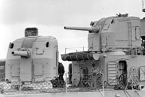 Photograph of two 5"/38 gun houses on a destroyer